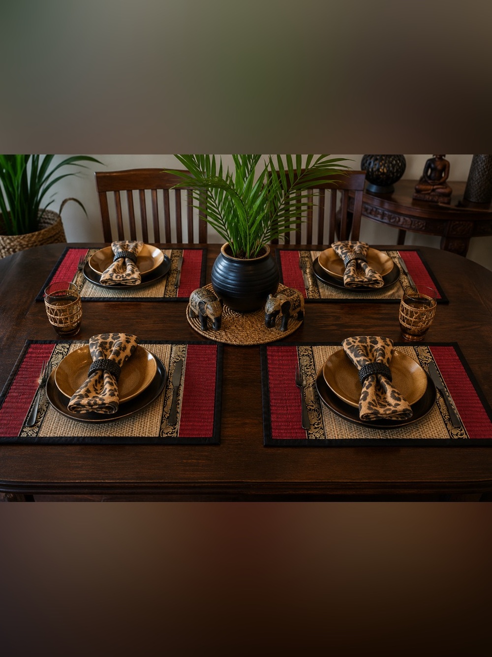 NWOT African Safari Woven Bamboo Placemats Set of 4 + 3 Matching Elephant Coaste